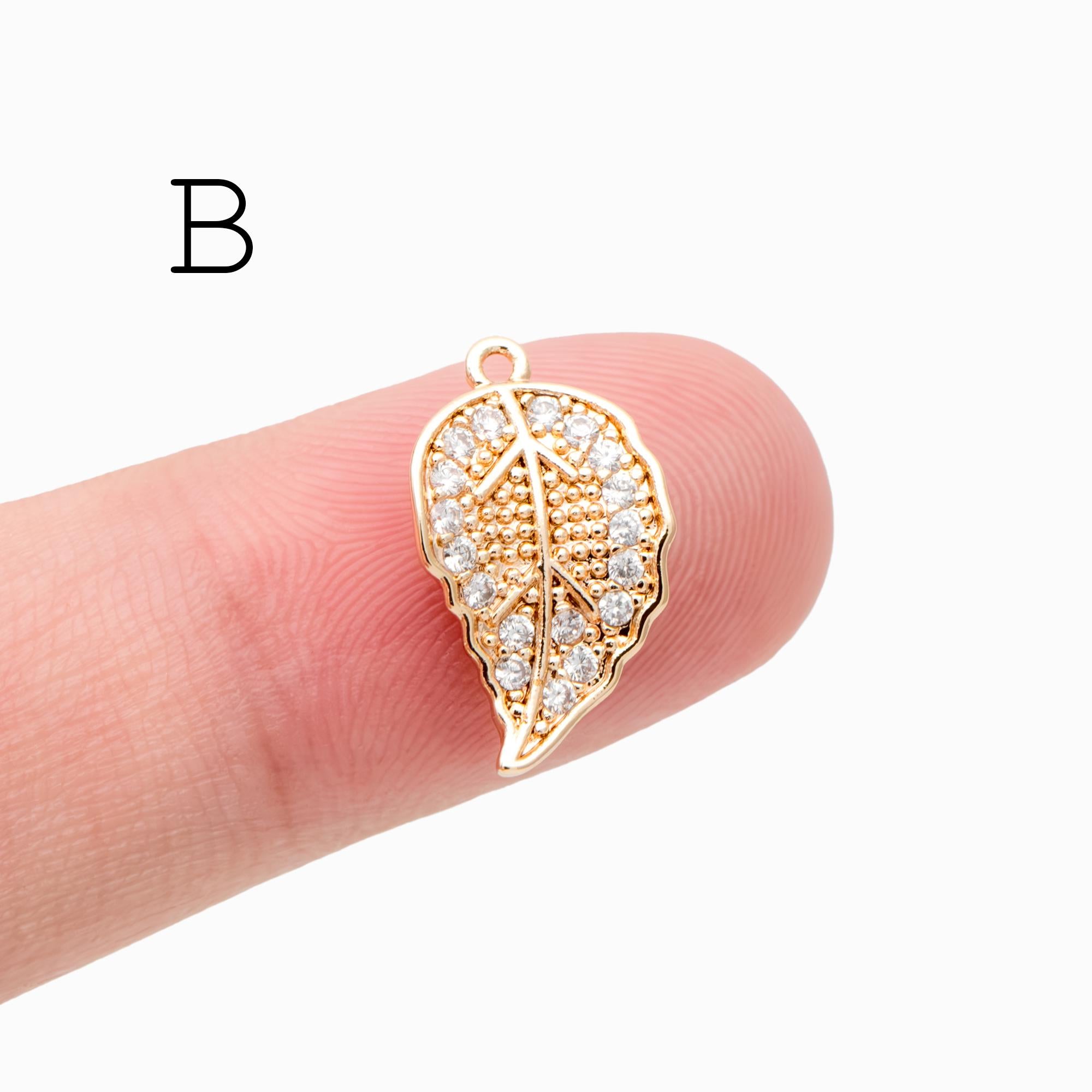 4pcs CZ Pave Gold Leaf Charms, Real Gold Plated Brass, Dainty Leaf Pendants (GB-1312)
